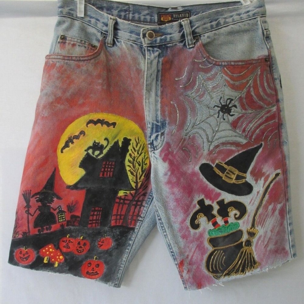 HALLOWEEN Jeans 32 Denim Pants Hand painting BLUE PUMPKIN WITCH